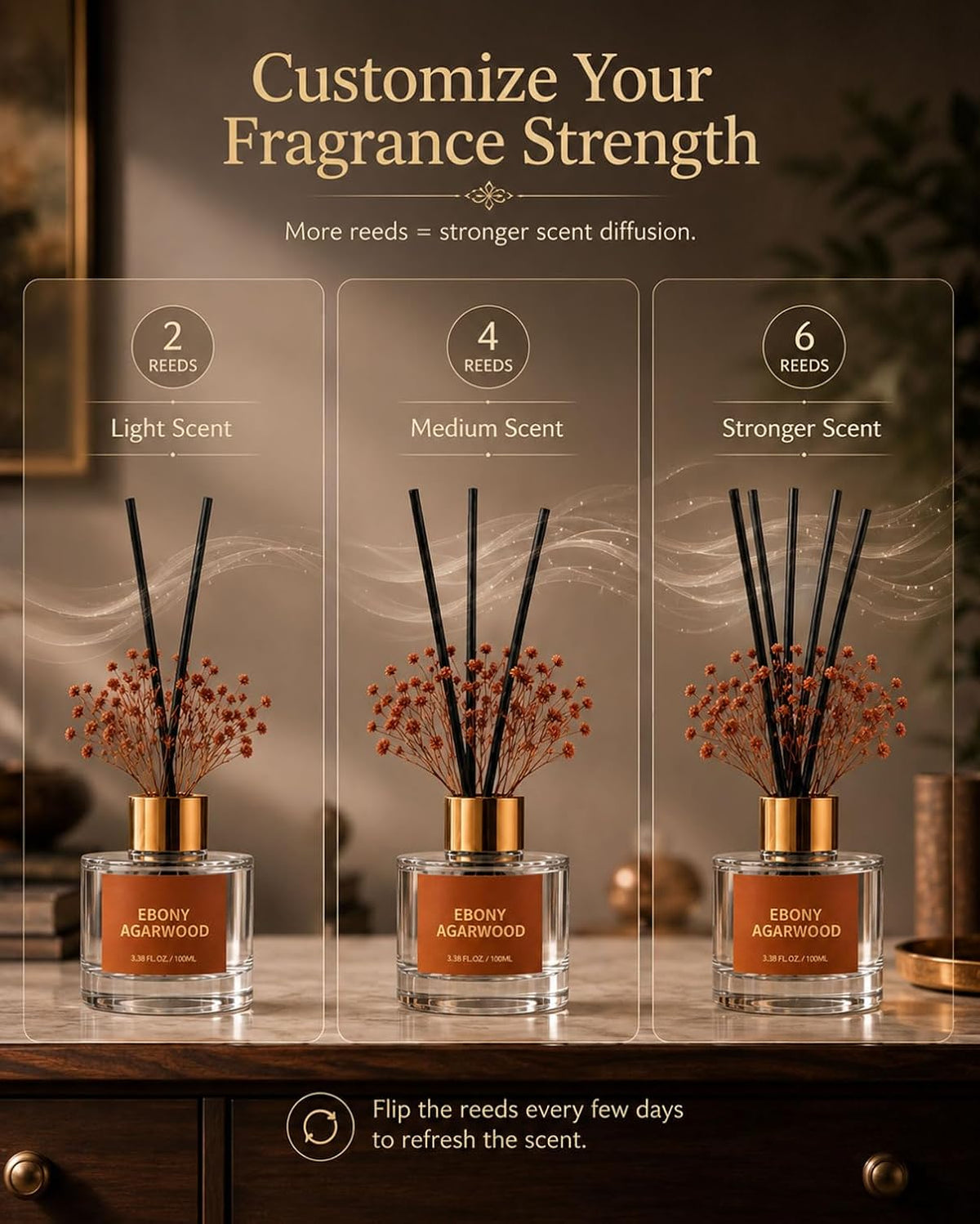 Reed Diffuser Set, Ebony Agarwood, 3.38 fl oz with 6 Sticks