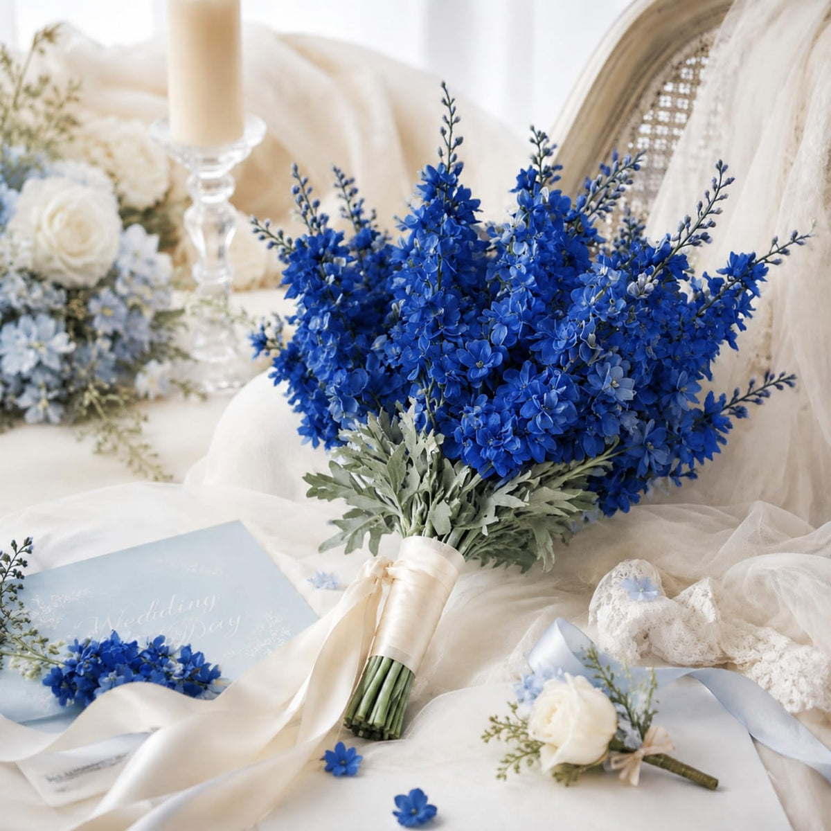 Thiccywoov 24 Pcs Royal Blue Delphinium Artificial Flower Bulk, 34.25"