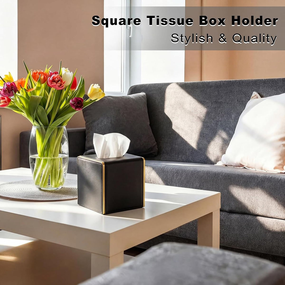 Sumnacon PU Square Tissue Box Cover, Magnetic Bottom, Waterproof, Black
