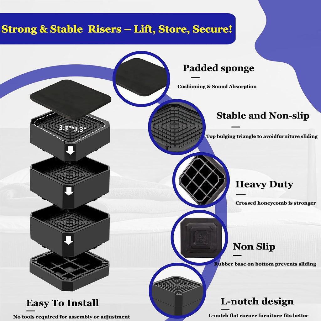 Bed Risers Heavy Duty, Adjustable Furniture Riser Blocks Lift 1.5, 3, 4.3 inches for Couch Table Desk Sofa Chair Legs, Refrigerator, Washing Machine - Support up to 4000 lbs (Black 6 Pack, 1.5 inch)