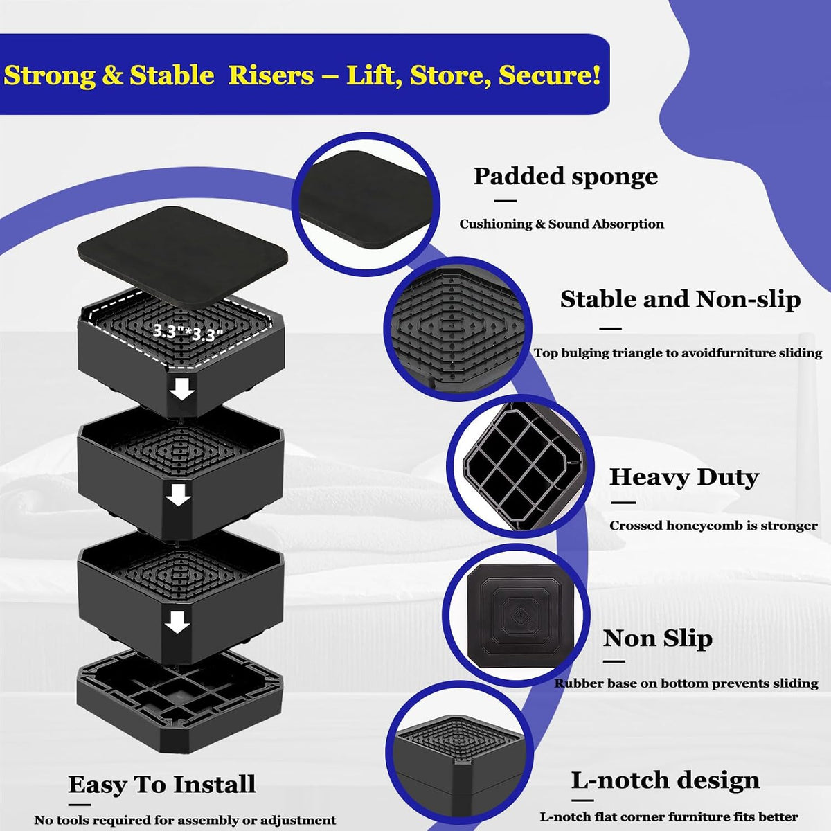 Bed Risers Heavy Duty, Adjustable Furniture Riser Blocks Lift 1.5, 3, 4.3 inches for Couch Table Desk Sofa Chair Legs, Refrigerator, Washing Machine - Support up to 4000 lbs (Black 6 Pack, 1.5 inch)