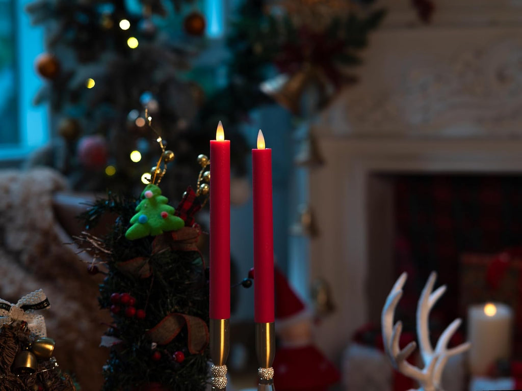 Holiday Red Flameless Taper Candles with Remote & Timer - 9 Inch, Leather-Textured Real Wax, 3D Moving Flicker, 400Hr Battery Operated Window Candles.