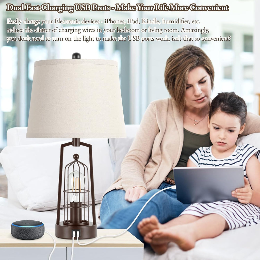 Brightever Farmhouse Table Lamps with 2 USB Ports, Set of 2 Rustic Industrial Desk Lamp for Living Room, 2-Light with Beige Lampshade for Bedside, Bedroom, Nightstand, House Decor, Reading(Bronze)