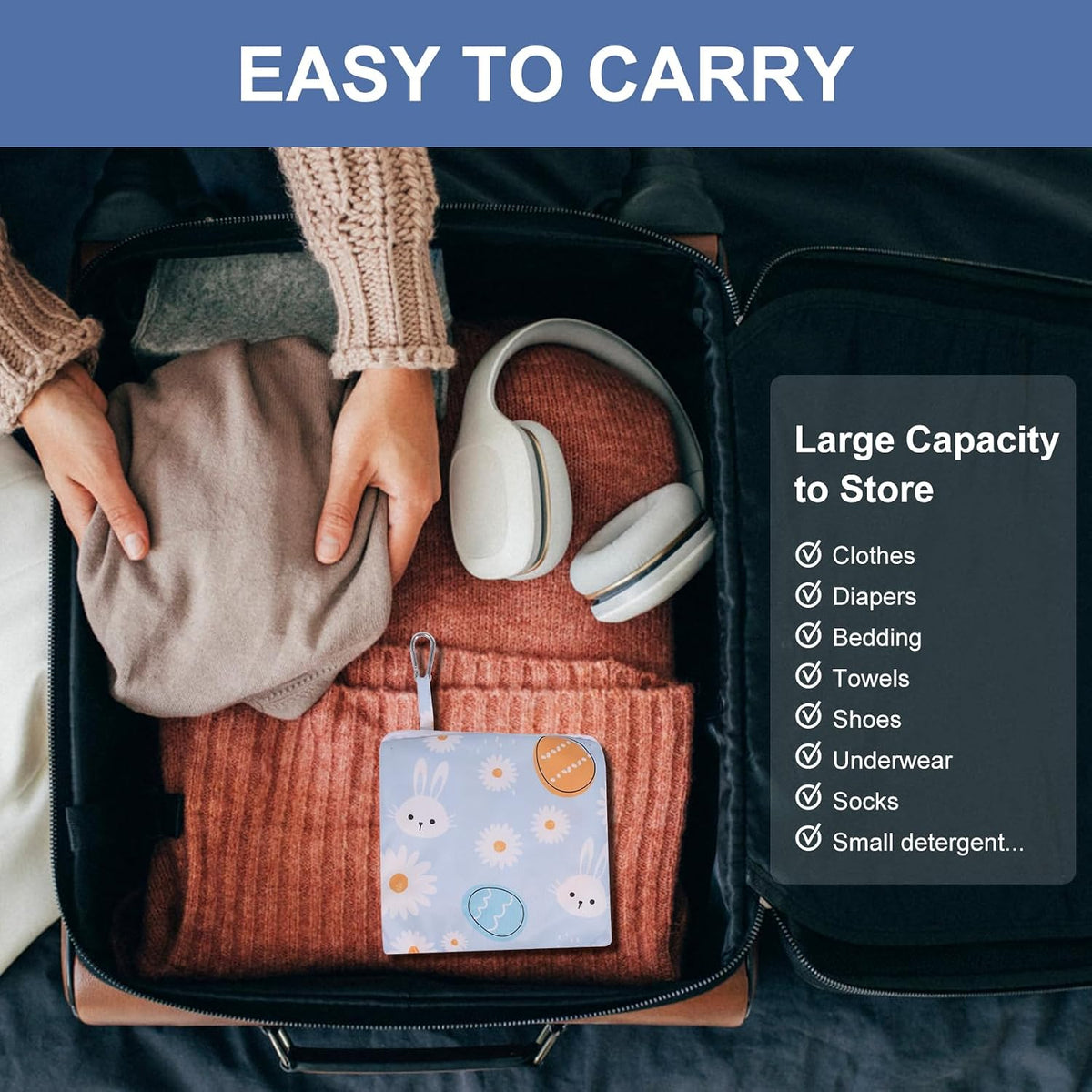 2 Pack Travel Laundry Bag with Handle and Drawstring, Expandable Foldable Dirty Clothes Bags with Hook and Zipper, 23*20 inch, Cartoon 3 White + Blue