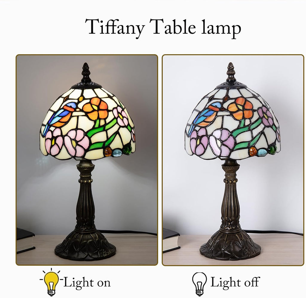 Small Tiffany Style 8 inch Bird Flower Stained Glass Table Lamp