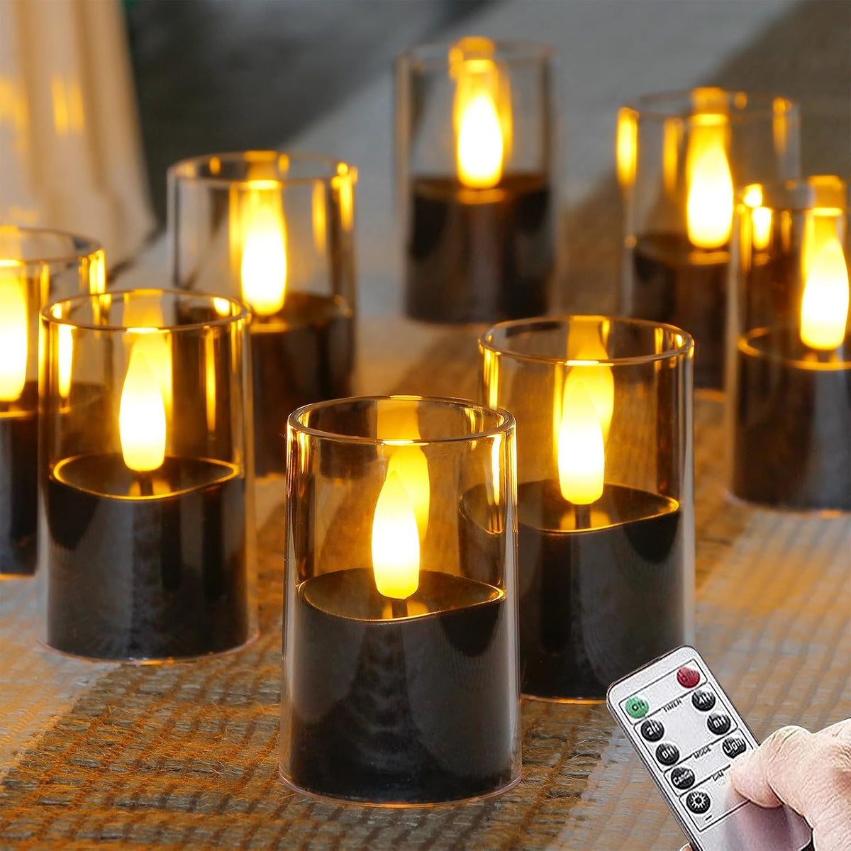 Flameless D: 1.7" H: 2.5" Small Tea Light LED Candles, Clear Acrylic Battery Operated Votive with Remote Control and Timer, Tealight Black Flickering Warm Light Pack of 8 Electric Halloween