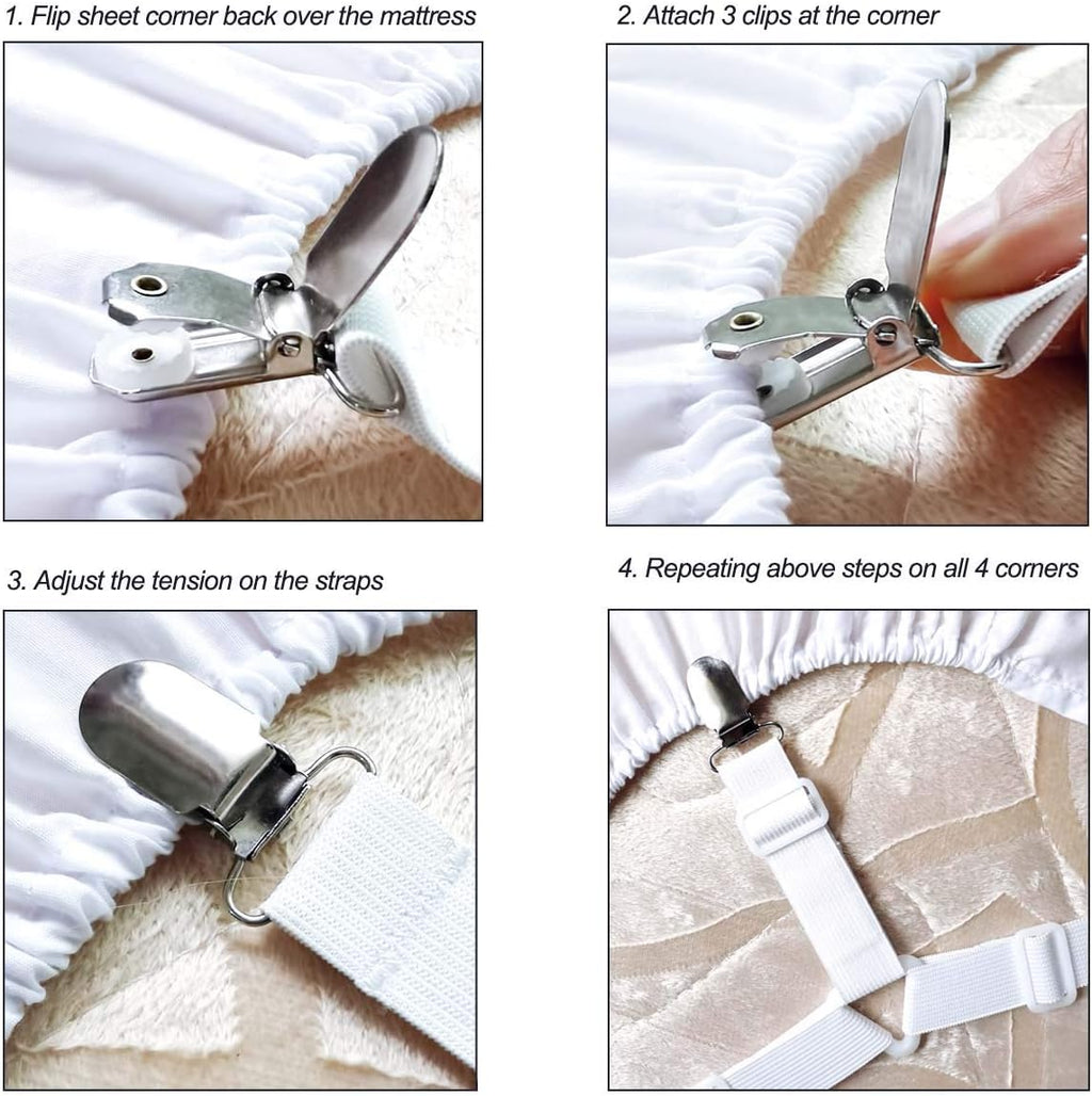Bed Sheet Holders Straps Fasteners - 4 Pcs Triangle Sheet Fasteners Fitted Sheet Corner Holder Elastic Adjustable Band Sheet Holders Clip Suspenders Grippers(White)