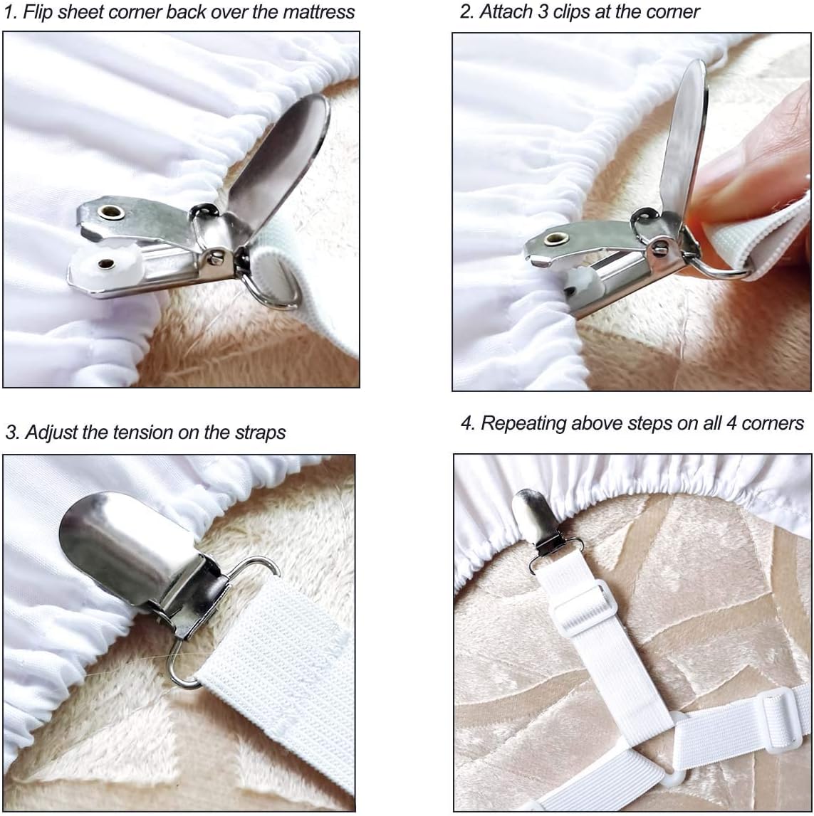 Bed Sheet Holders Straps Fasteners - 4 Pcs Triangle Sheet Fasteners Fitted Sheet Corner Holder Elastic Adjustable Band Sheet Holders Clip Suspenders Grippers(White)