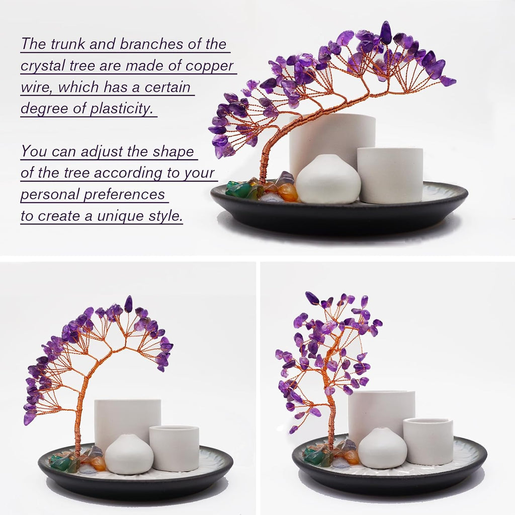5 in 1 Incense Burner Holder with Crystal Tree for Burning Palo Santo Stick, Sage, Incense Sticks, Candle, Ceramic Tray Ash Catcher, Meditation Gift (Purple)