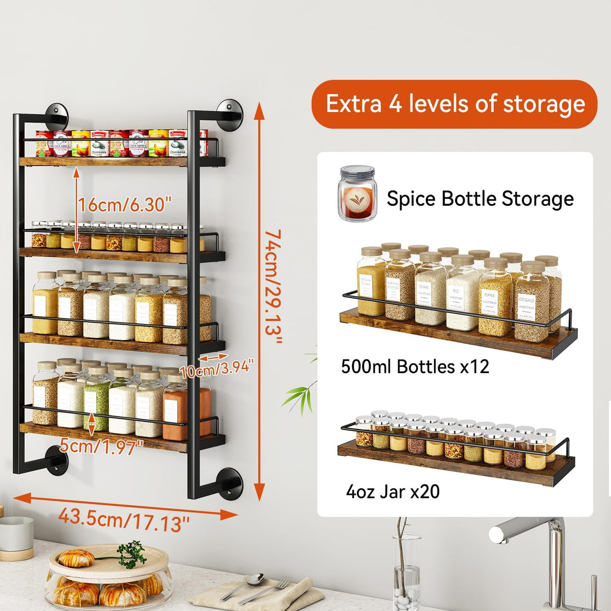 IBUYKE 4 Tier Spice Rack Wall Mount for Kitchen,Brown TLJ016H