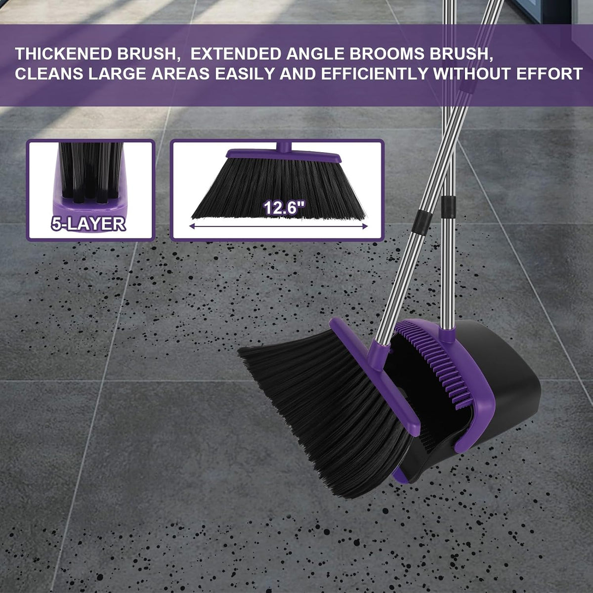 Broom and Dustpan Set with Long Handle, 55" Broom, Pet Hair Rubber Lip Upright Dustpan with Built-in Comb, Standing Dust Pan Set for Home Kitchen Office Indoor Outdoor