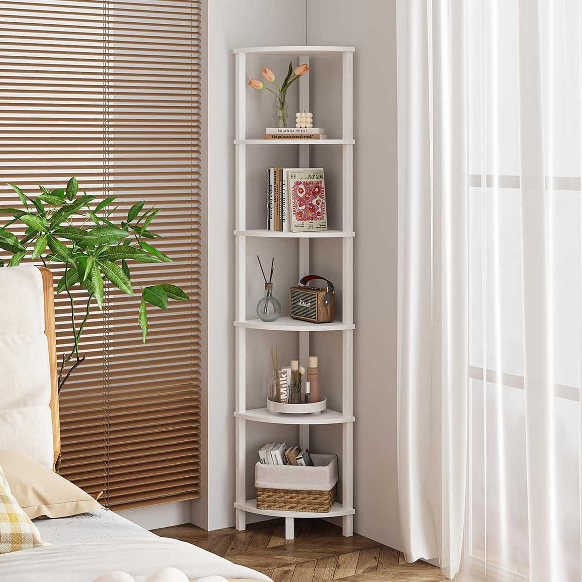 VIMBER Corner Shelf, 6-Tier Corner Bookshelf, Industrial Corner Ladder Shelf, DIY Storage Shelves, Modern Display Shelf for Living Room, Bedroom, Kitchen, Home Office, White UJSJ004W