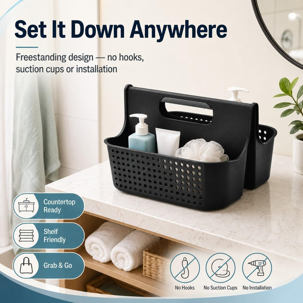NINU Black Portable Shower Caddy Basket, 2-Compartment Storage Organizer