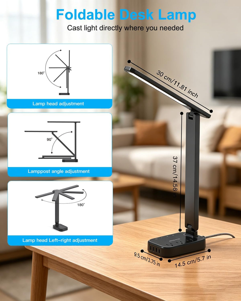 LED Desk Lamp, 10Ft Power Strip with 3 Outlets 4 USB Ports(2 USB C), Black