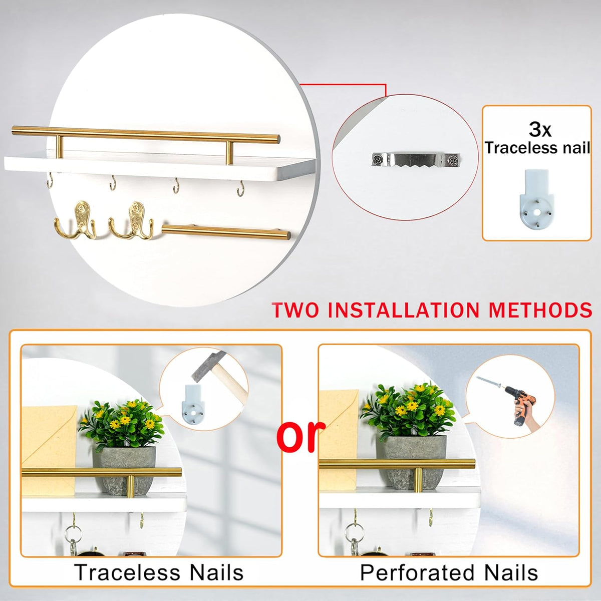Key Holder Wall Mount with Shelf and Hooks, Mail Organizer for Wall, White