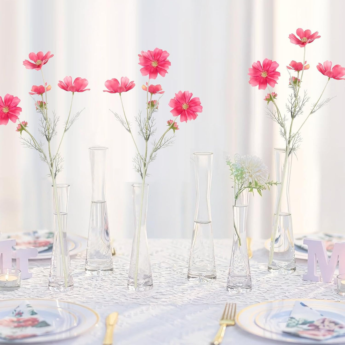 Daisy Flowers Artificial,6PCS Pink Faux Flowers 24'' Cosmos Silk Flowers Fake Wildflower Stems for Wedding Party Kitchens Home Decoration(Deep Pink)