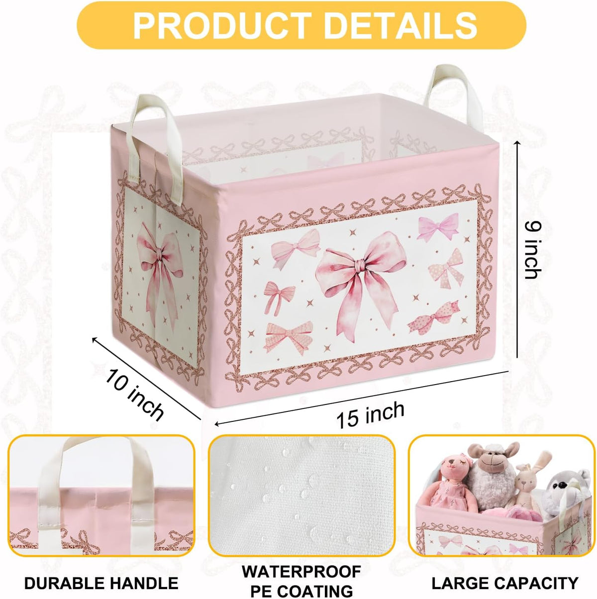 Pink Bow Foldable Storage Box, Waterproof Toy and Clothes Storage Box for Nursery Room, Pink Cute Bow Decorative Fabric Basket for Boys Girls Bedroom, Storage Basket Gifts for Bow Party Decoration