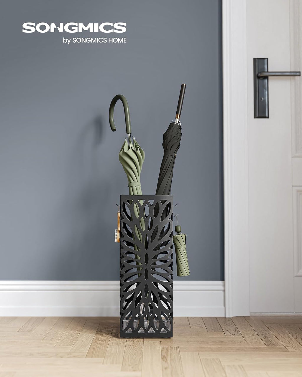 SONGMICS Umbrella Stand, Steel Square, Detachable Drip Tray, 4 Hooks