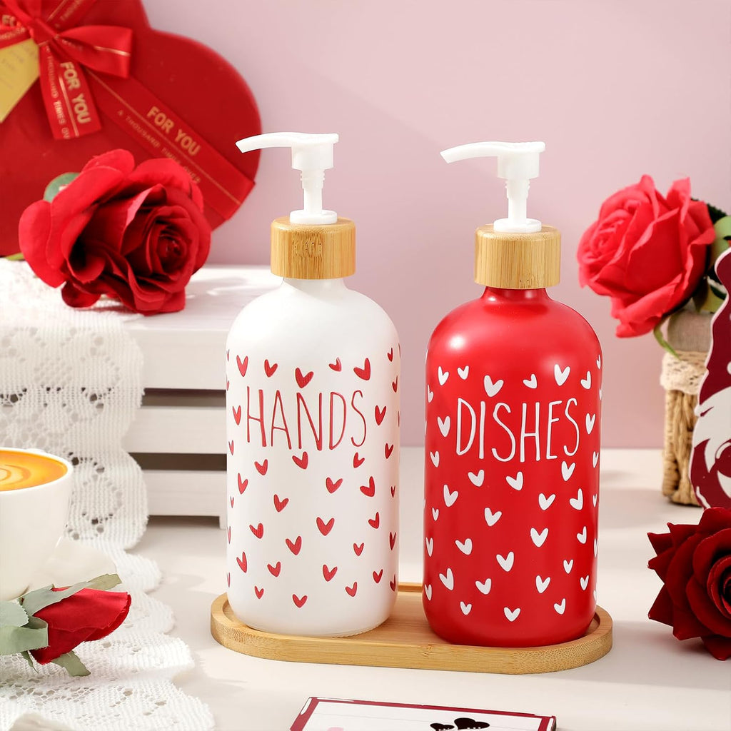 FYSUIMU 2 Pcs Valentine's Day Soap Dispenser Glass Soap Dispenser with Pump Red White Heart Refillable Liquid Container for Hands Dishes Party Home Kitchen Bathroom Decor