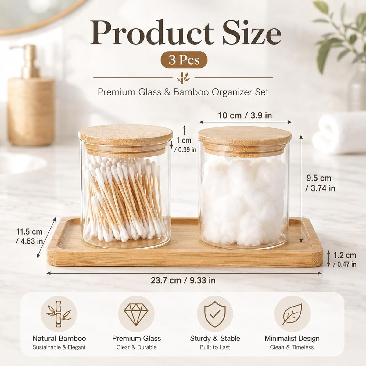 Glass Qtip Holder with Vanity Tray, Bathroom Tray Organizer Glass Qtip Holder, Cotton Round-Holder Glass-Apothecary Jars with Lids for Cotton Ball Round Swab Pad Hair Ties Floss Perfume Jewelry