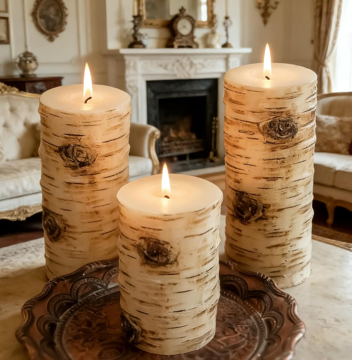 Rustic Birch Bark Pillar Candle Set of 3, Unscented Home Decor