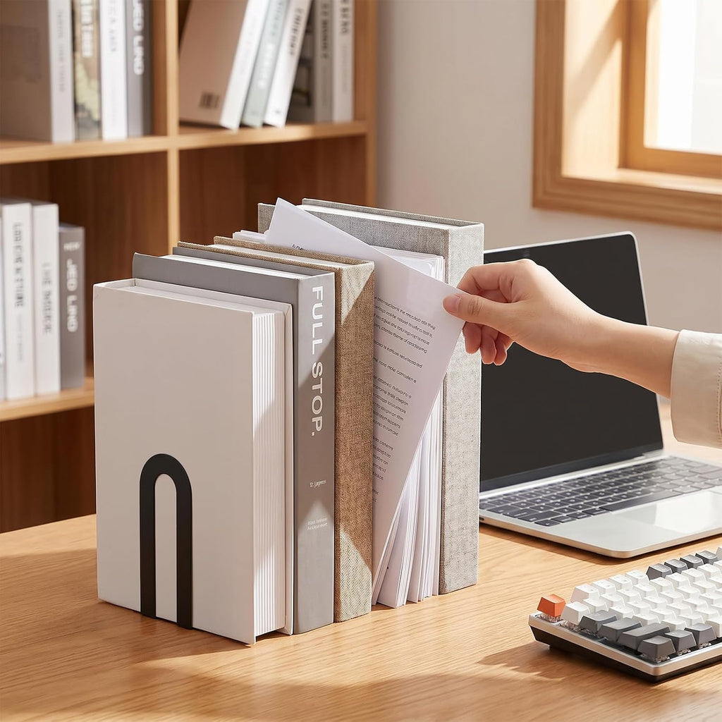 6 Pcs Modern Metal Bookends for Shelves, Metal Small Book Ends Book Shelf Organizer Minimalist Book Ends for Books/Movies/CDs, Decorative Bookends for Home Office, 5.5 x 3.75 x 2.25inch (Black)