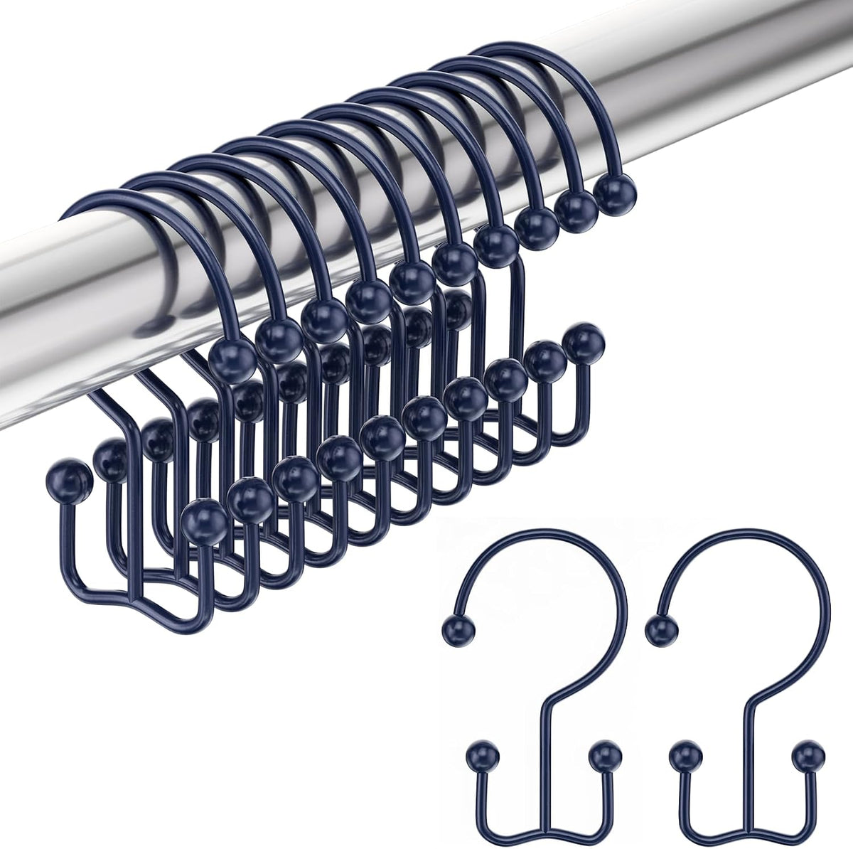 Amazer Shower Curtain Hooks Navy Blue Double Shower Curtain Hooks, Shower Curtain Rings Sturdy Stainless Steel Shower Hooks for Bathroom Shower Rod, 12Pcs Shower Curtain Hangers