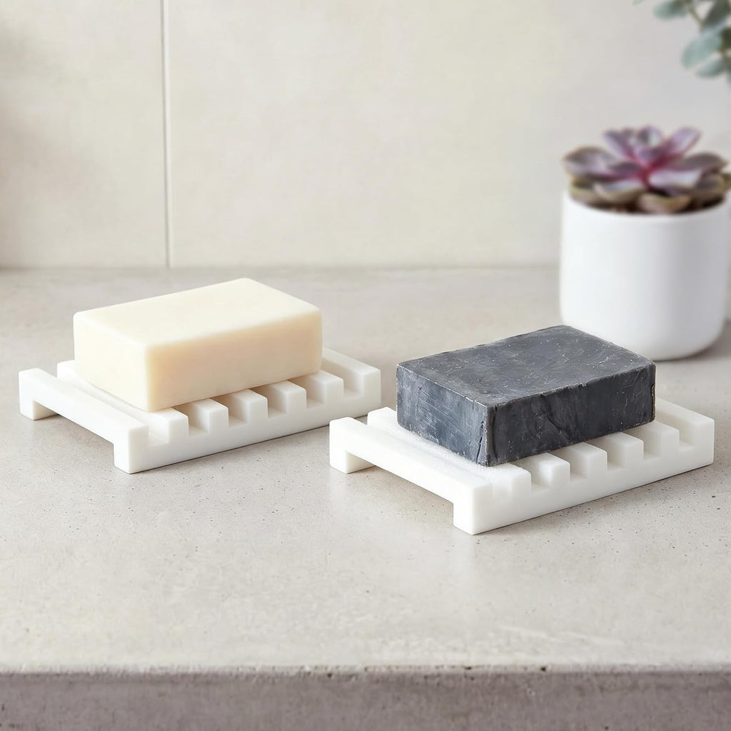 Slotted Silicone Soap Dish 2 Pcs, Self Draining Soap Holder with Raised Bar Design, Non Slip Soap Saver Tray, Quick Dry Soap Dish for Bathroom Kitchen Sink Shower, White
