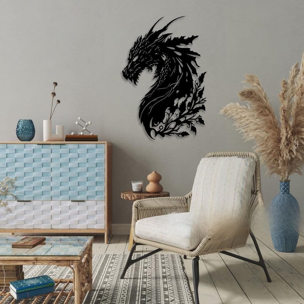 LIYOUYA Dragon Metal Wall Decor - Man Cave Decor Fantasy Room Decor Flower Wall Art Home Decor for Living Room, Bedroom, Office,Courtyard, Patio, Outdoor (Black)