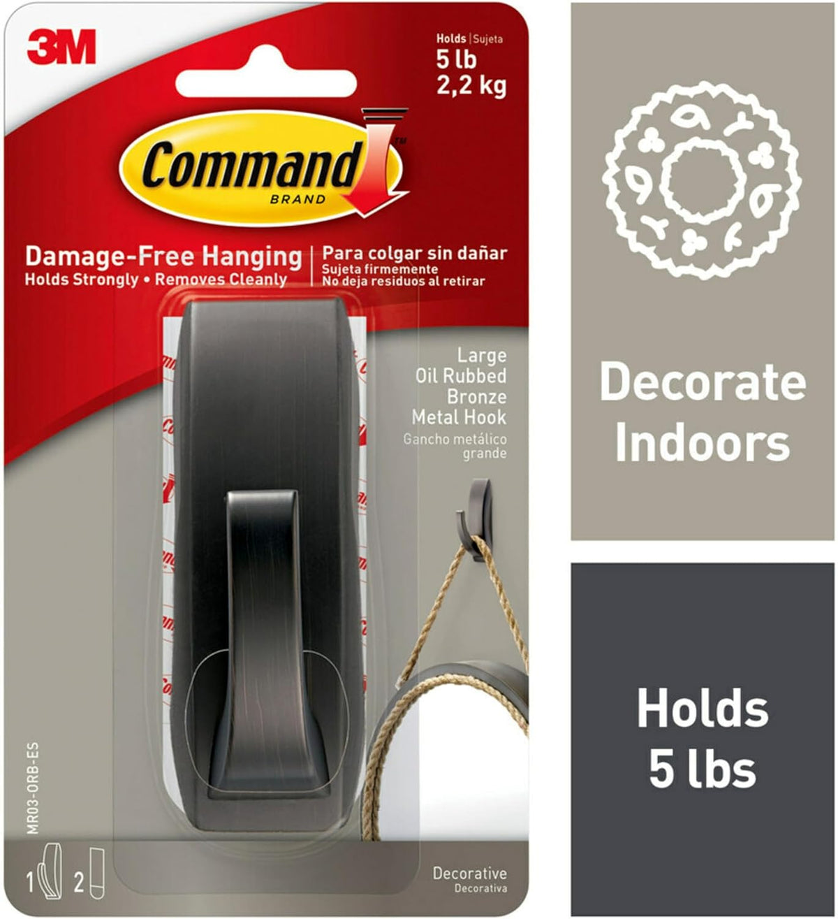 Command Large Modern Reflections Metal Hook, 5 lb, Oil Rubbed Bronze