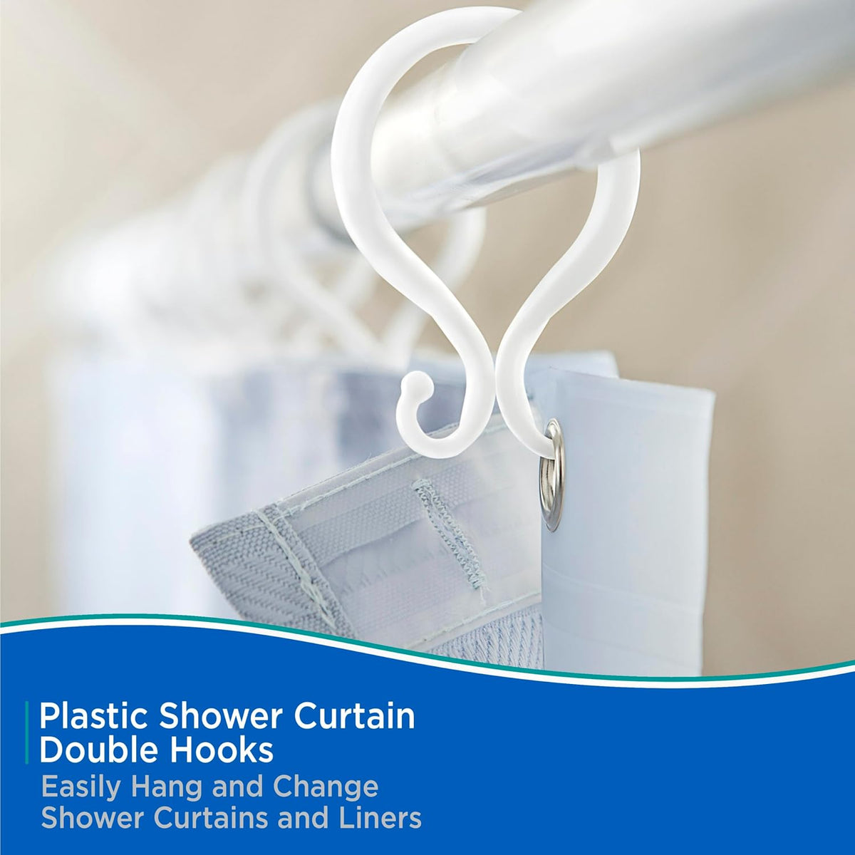 Kenney - Shower Curtain Rings, Rust-Proof Plastic Double Hooks with Smooth Glide Design, Fits Standard Shower Curtain Rods, Easy Installation, White, 12 Pack