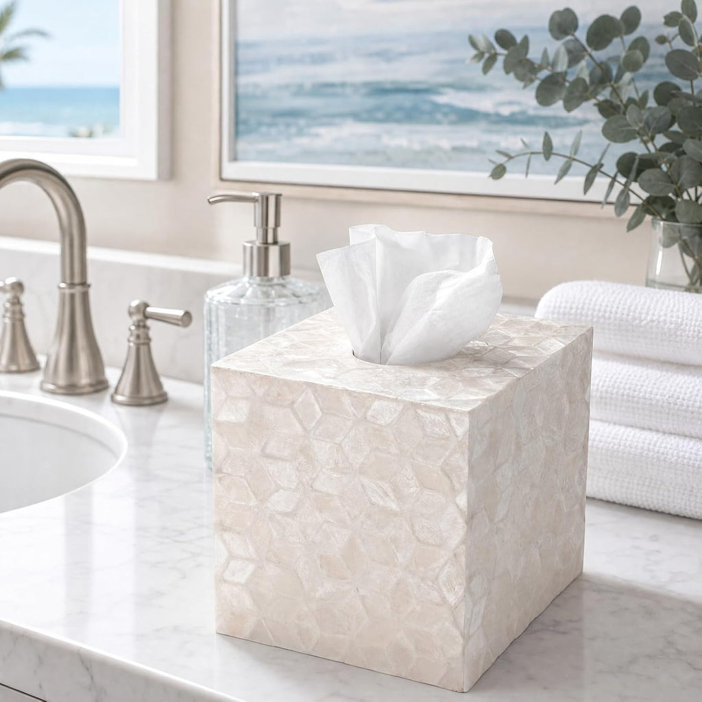 YANGQIHOME Capiz Shells Tissue Box Cover, Handmade Decorative Tissue Box Holder with Mother of Pearl, Square Facial Tissue Holder for Bathroom, Living Room, Kitchen, 5.5" x 5.5" x 5.9" (White)
