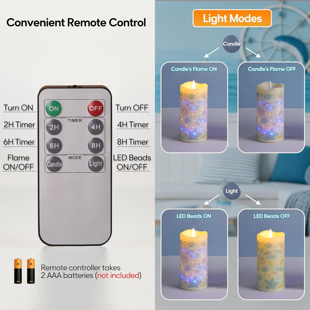 Blue Ocean Coastal Fiber Optic Flameless Pillar Candles with Remote