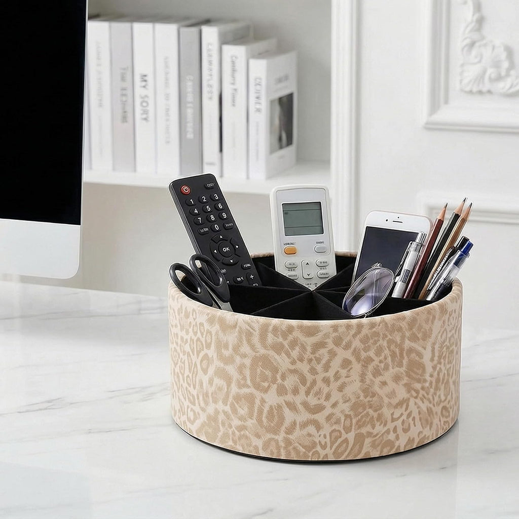Remote Control Holder, 360°Spinning PU Leather Desk TV Remote Caddy,Desk Storage Box Room Accessories for Controller, Media,Mail,Calculator, Mobile Phone,Pencil(1B-Leopard Pink)