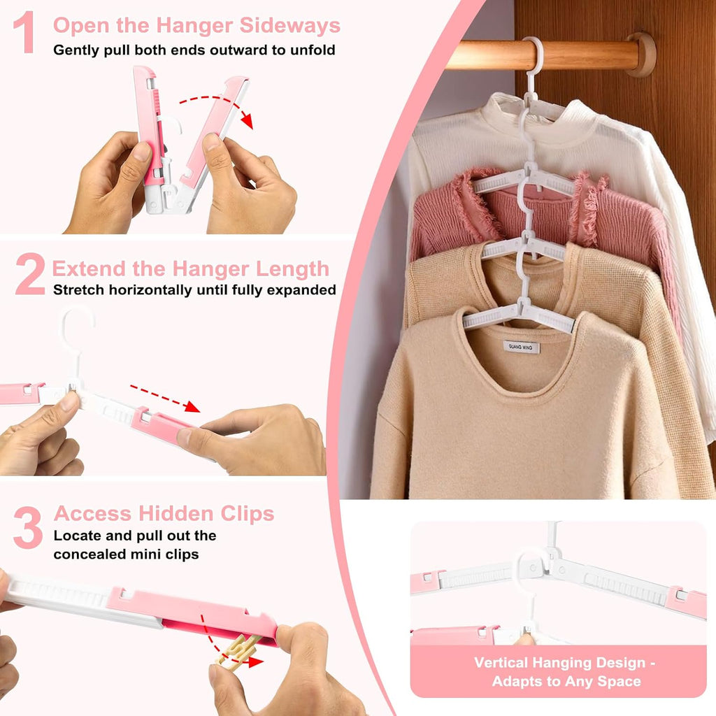 6 Pack Fodable Travel Hangers with Clips & Adjustable Clothesline, Portable Collapsible Hangers with Storage Bag for Suitcase, Hotel, RV, Cruise Essentials Set (Pink)