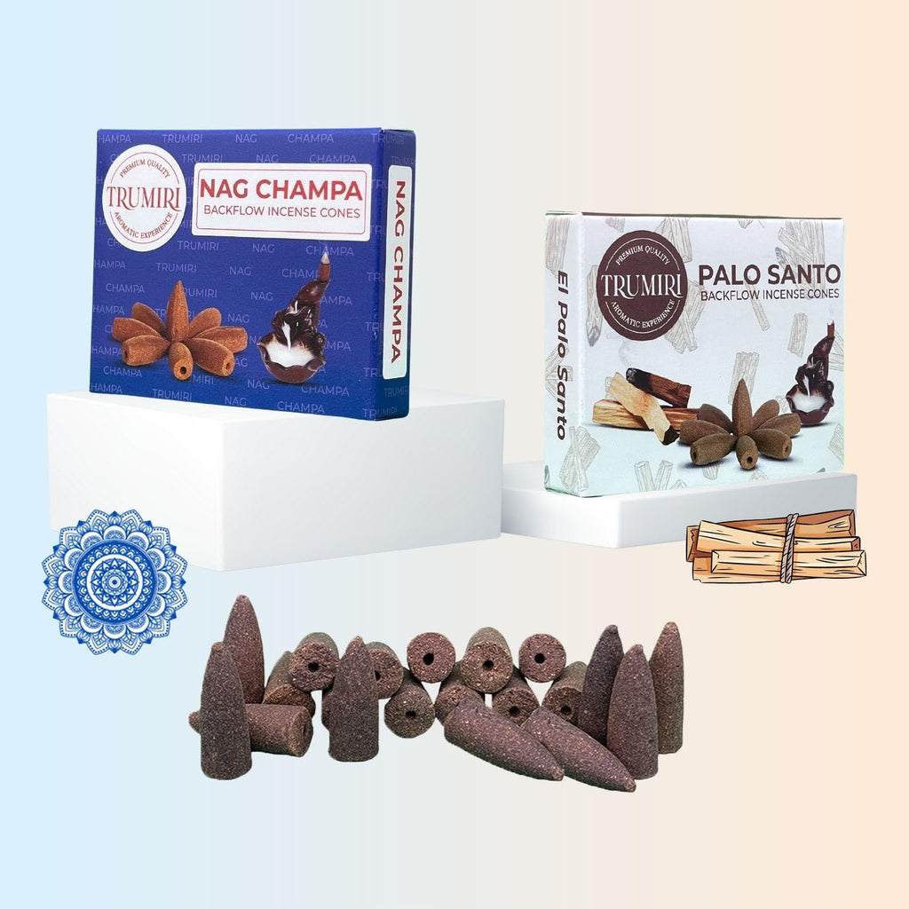 TRUMIRI Backflow Incense Cones - Combo Pack of 20 Incense Cones Waterfall - 10 Nag Champa + 10 Palo Santo