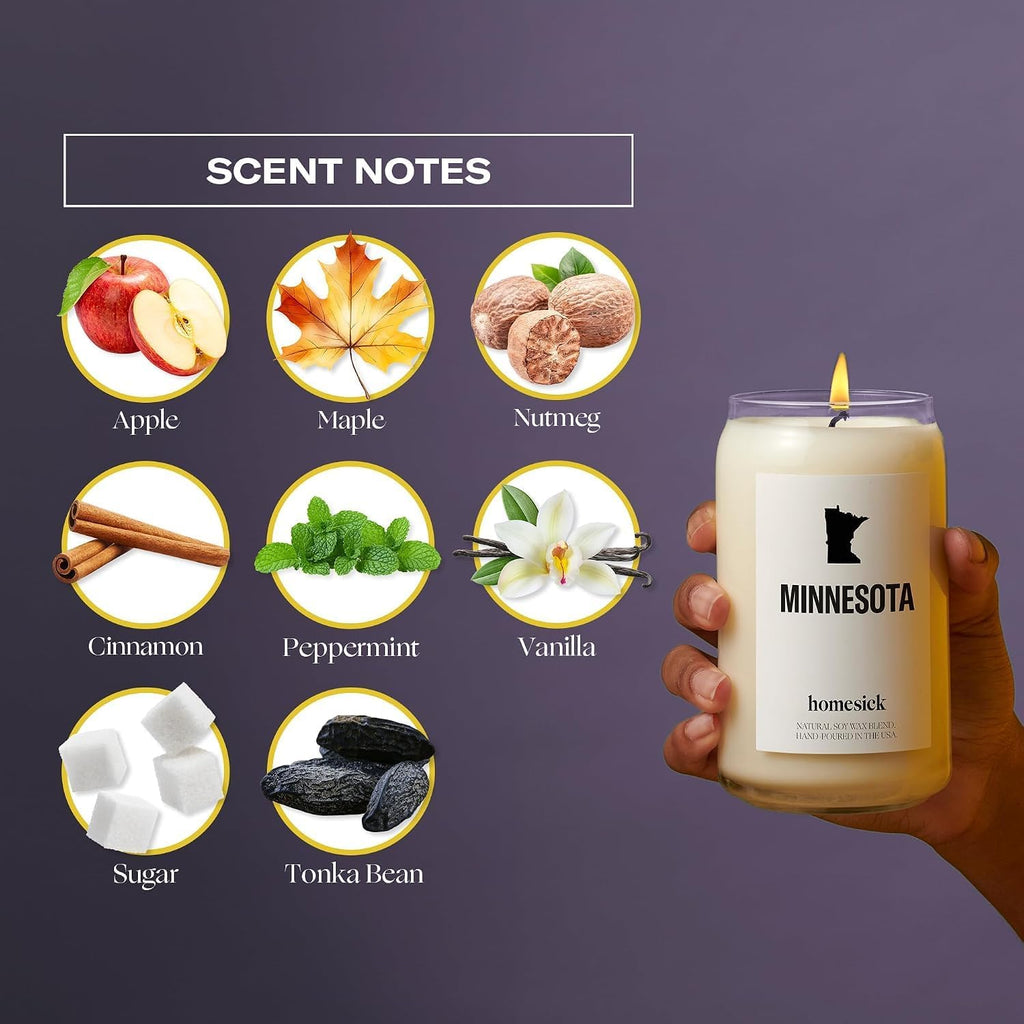 Homesick Scented Candles for Home (Minnesota) - 13.75 oz Long-Lasting Soy Wax Jar Candle for Women & Men for All Occasions, 60-80 Hours Burn Time - Notes of Apple, Maple & Clove
