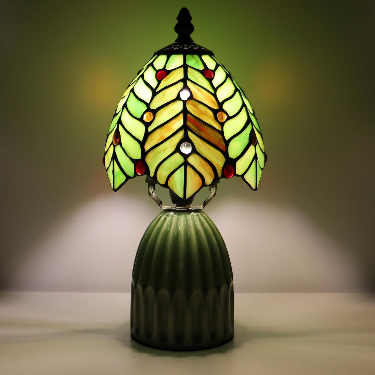 Tiffany Stained Glass Mushroom Table Lamp 12.5 Inch -Green Leaf