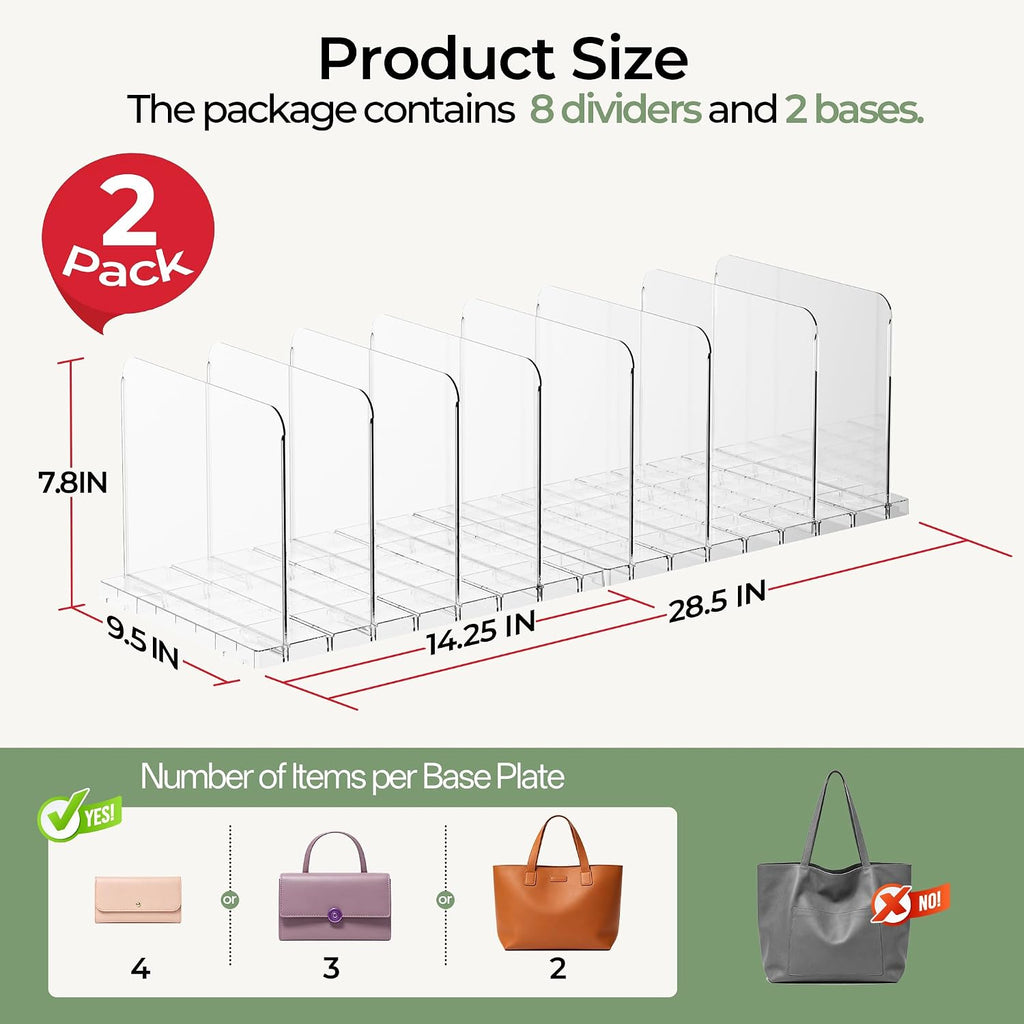 Yecaye Purse Organizer for Closet, Holds 8 Bags, Clear Acrylic Adjustable Shelf Dividers, Stackable Handbag Storage, Keep Bags Upright for Clutch Wallet Pocketbook, Bookshelf Bedroom Office, 2 Pack