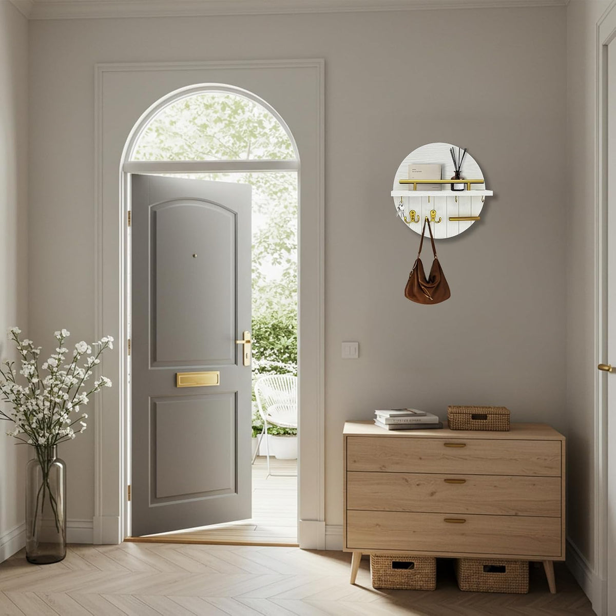 Round Wooden Key Holder Wall Mount with Shelf & 8 Key Hooks for Entryway