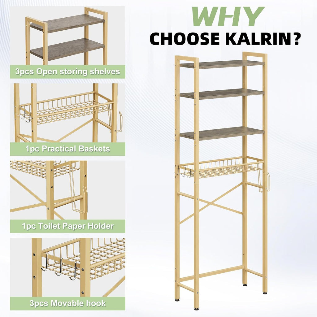 Kalrin Over-The-Toilet Storage Rack, 4-Tier Bathroom Organizer Shelf Over Toilet with Adjustable Shelf and Basket, Freestanding Space Saver Bathroom Shelves Above Toilet for Room (MetalWood-Gray)