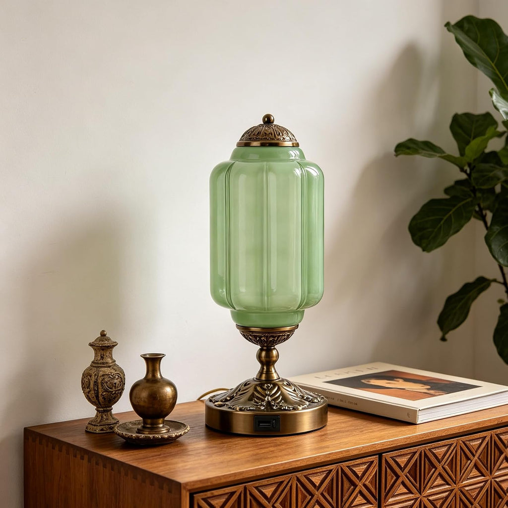 Vintage Touch Table Lamp, Milk Glass Shade with Metal Base, 3 Way Dimmable Desk Light with USB Charging Ports, Retro Lamp for Living Room Bedroom Bedside Nightstand