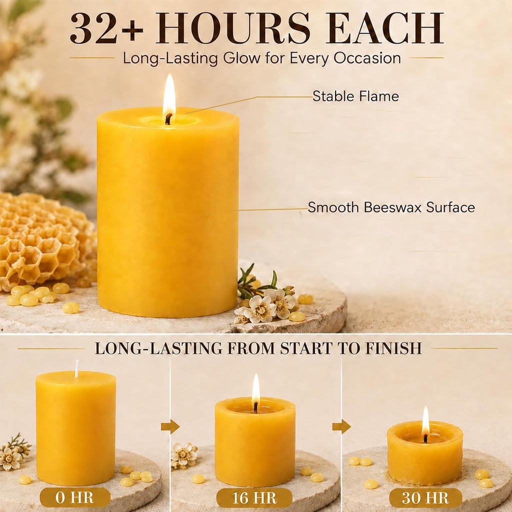 Beeswax Pillar Candles,8 Pack,2 x 3 Inch,32 Hours Yellow Candle