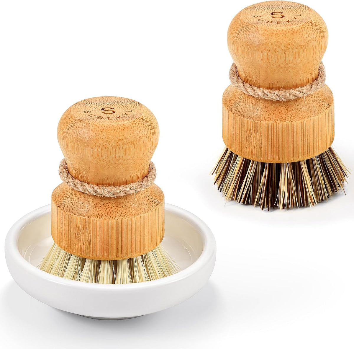 SUBEKYU Bamboo Dish Scrub Brush,Produce Brush,2 Pack with Ceramic Holder