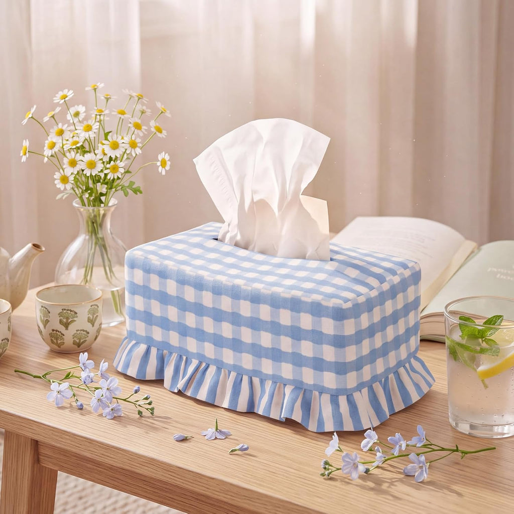 Blue Gingham Ruffle Tissue Box Cover, Rectangle