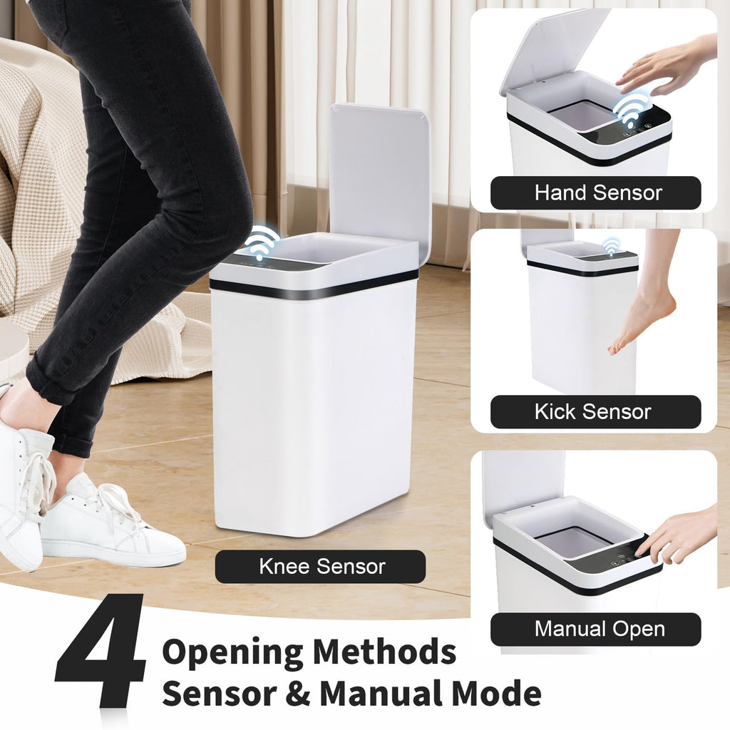2 Pack Bathroom Trash Can with Lid, 2.5 Gallon Small Slim Trashcan, Automatic Trash Can Touchless, Motion Sensor Waterproof Plastic Trash Bin for Bedroom Kitchen Office Living Room (White)