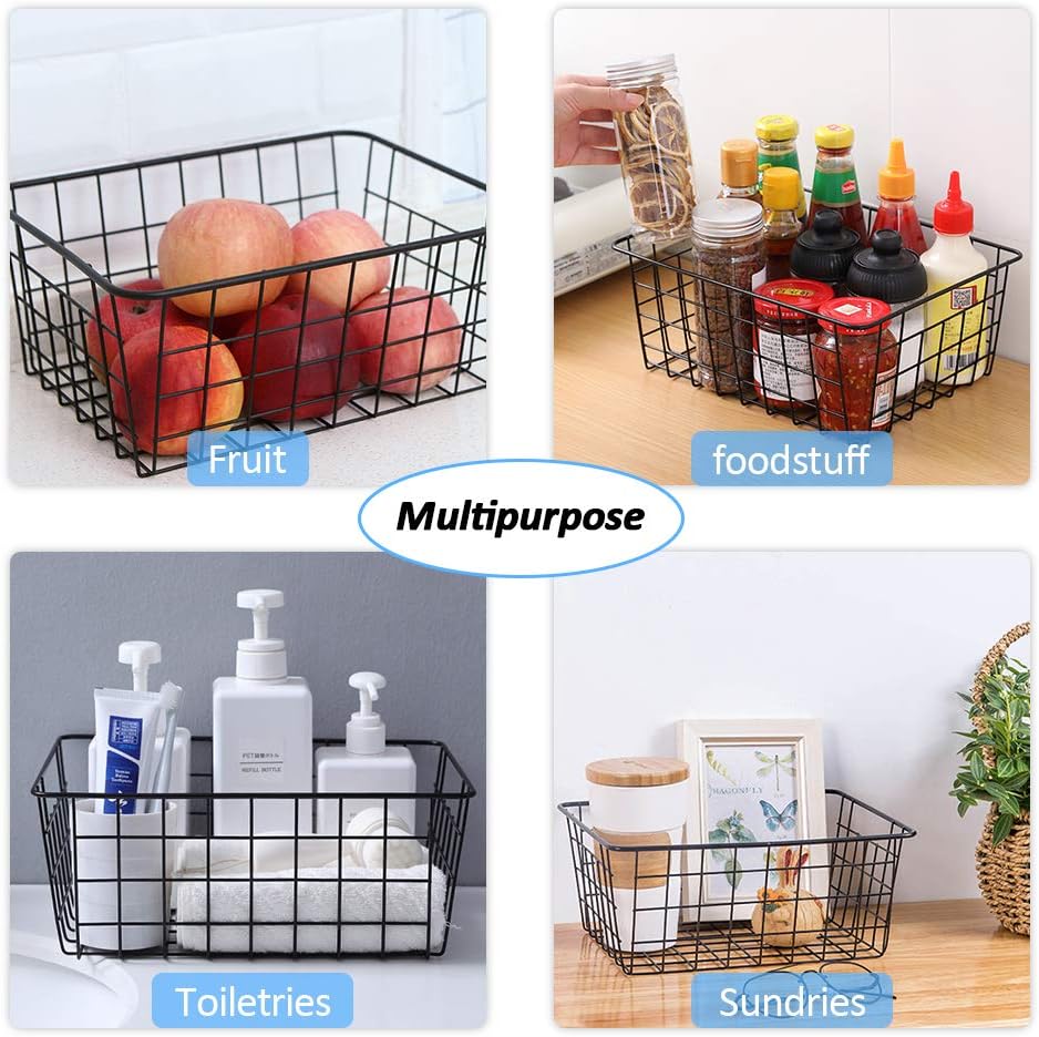 Wire Storage Baskets, Dveda 4 Pack 14.2" x 11.4" x 6.3" Large Metal Wire Storage Baskets, Black Pantry Organizer Baskets with Handles for Cabinets, Pantry Storage, Bathroom, Laundry, Garage