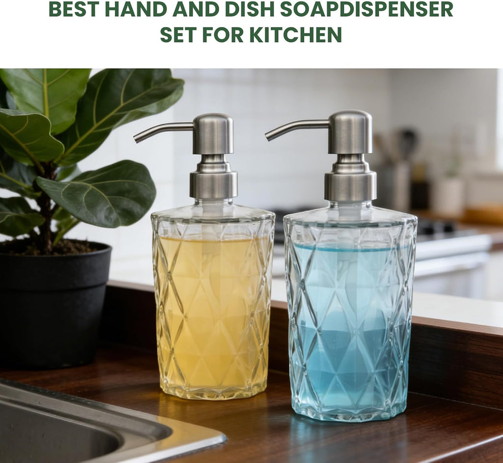 16 OZ Diamond Design Soap Dispense with 304 Rust Proof Stainless Steel Pump Glass Soap Dispenser Kitchen Soap Dispenser Bathroom
