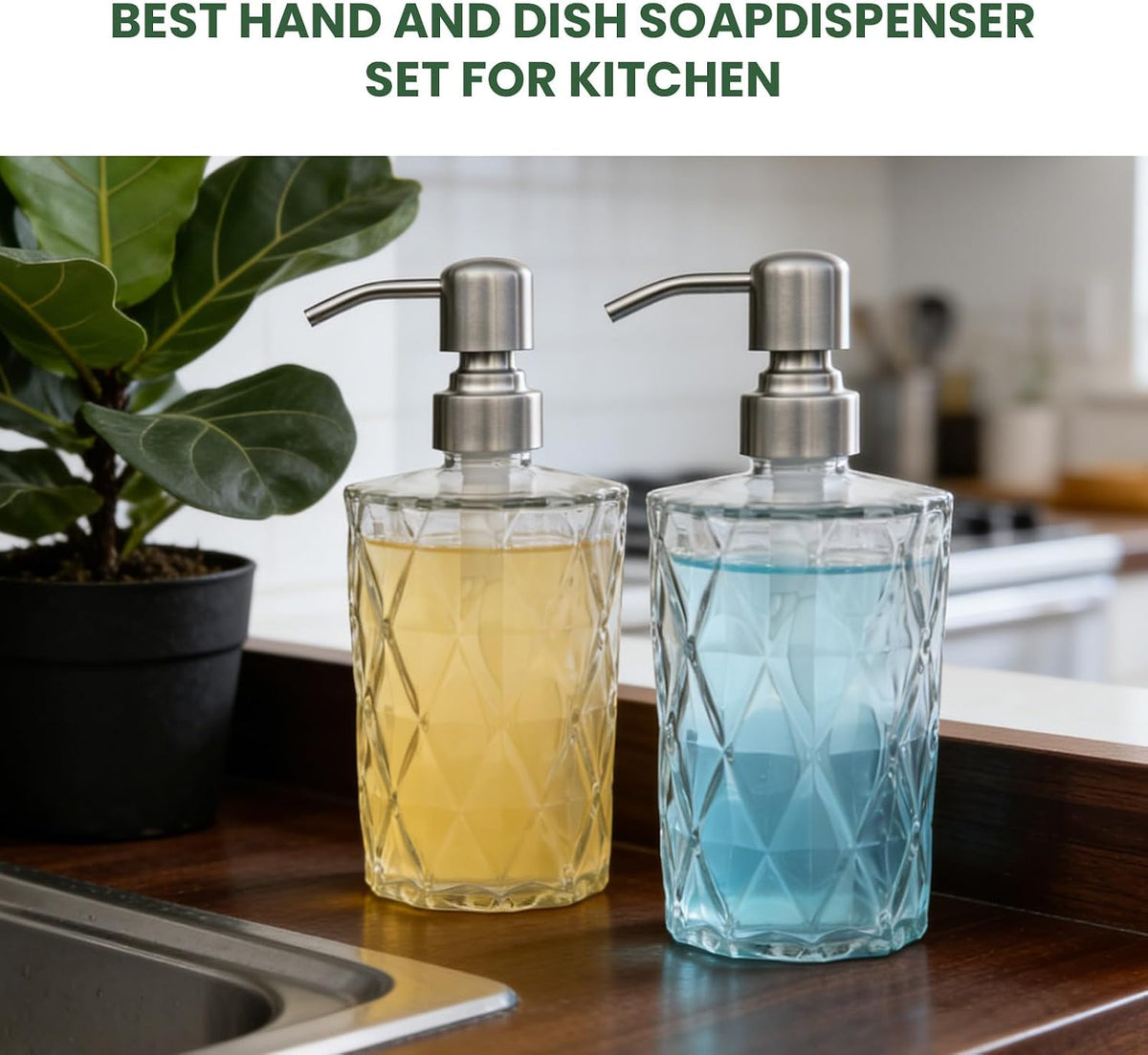 16 OZ Diamond Design Soap Dispense with 304 Rust Proof Stainless Steel Pump Glass Soap Dispenser Kitchen Soap Dispenser Bathroom