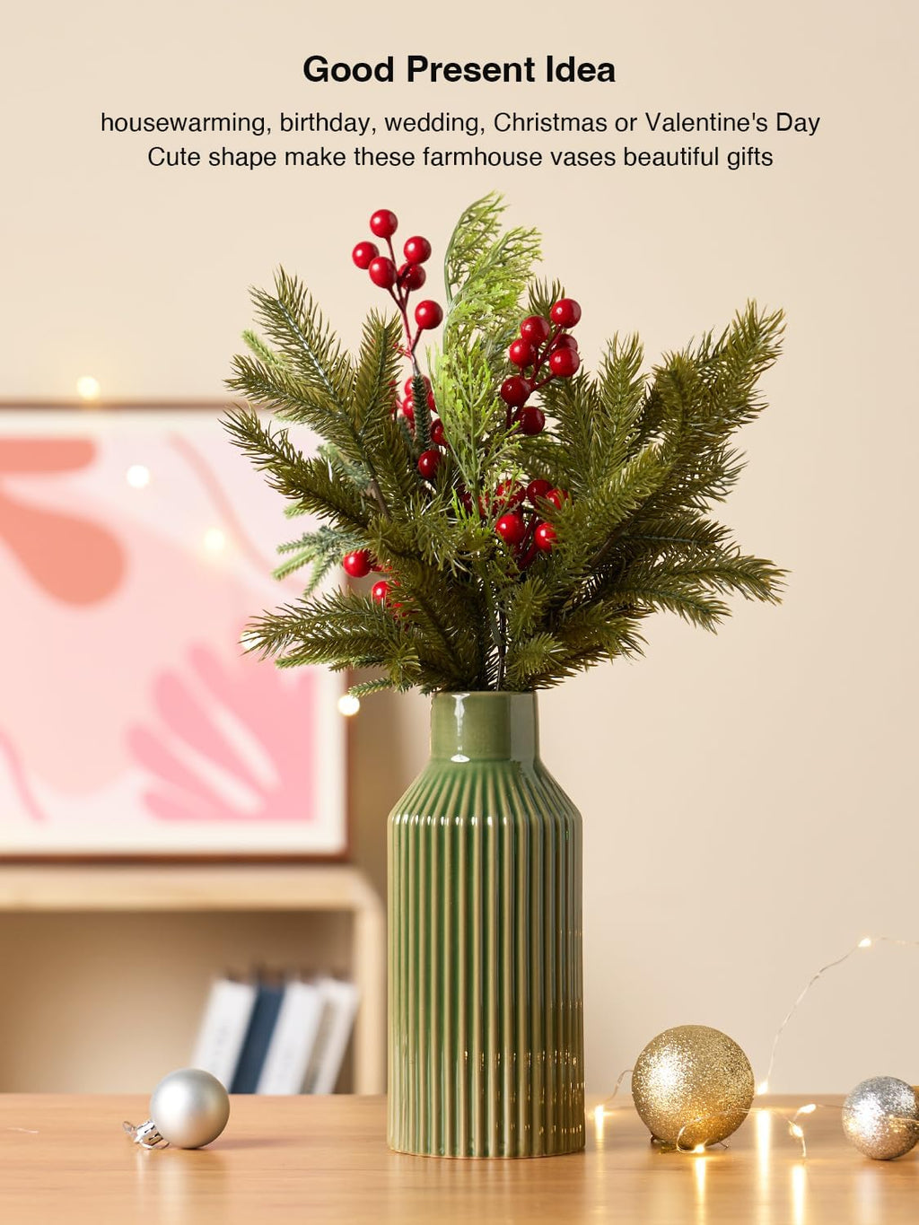 STHIE 8 Inches Ceramic Flower Vase, Green Vases for Centerpieces